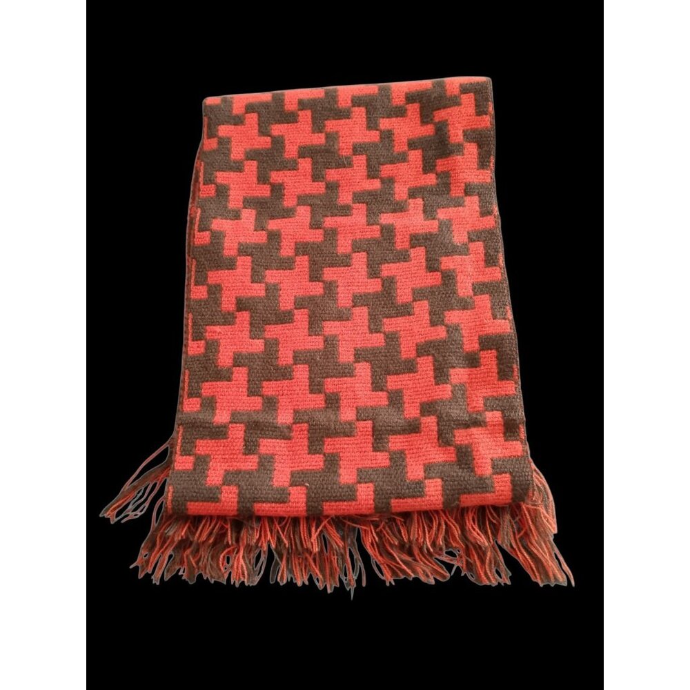 Knit Southwest Geometric Green Orange Scarf Rectangle Fringe Unisex 55" x 9"